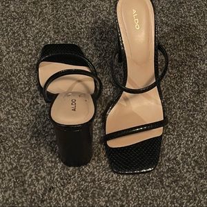 Black snake skin block heel